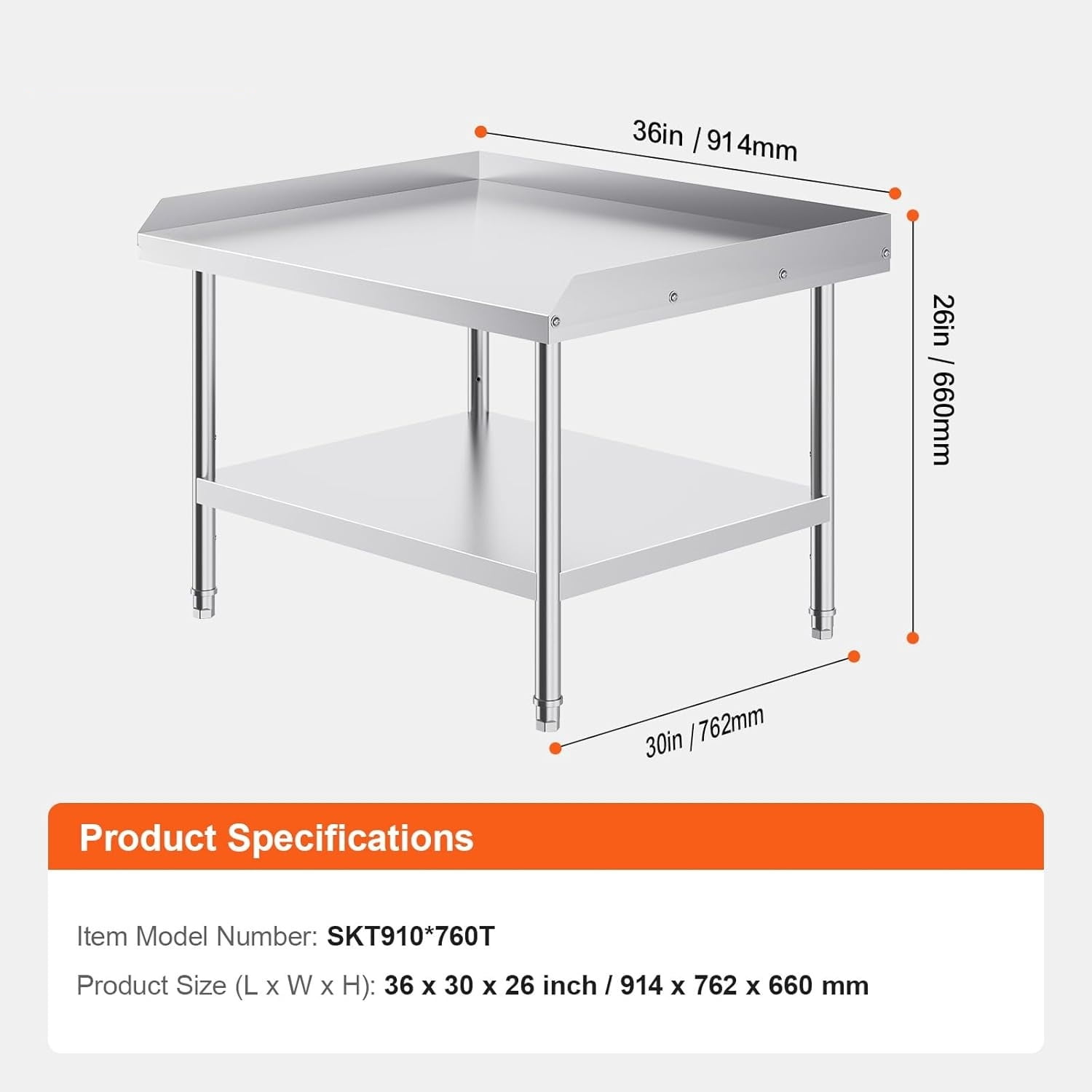 Stainless Steel Work Table, 30 x 36 x 26 Inch Commercial Food Prep Worktable, 3-Sided Backsplash Heavy Duty Prep Worktable, Metal Work Table with Adjustable Height for Restaurant Home Hotel