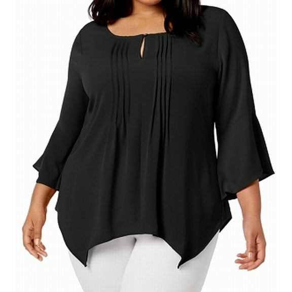 NY Collection Plus Size Pleated Handkerchief Hem Top Black 1X