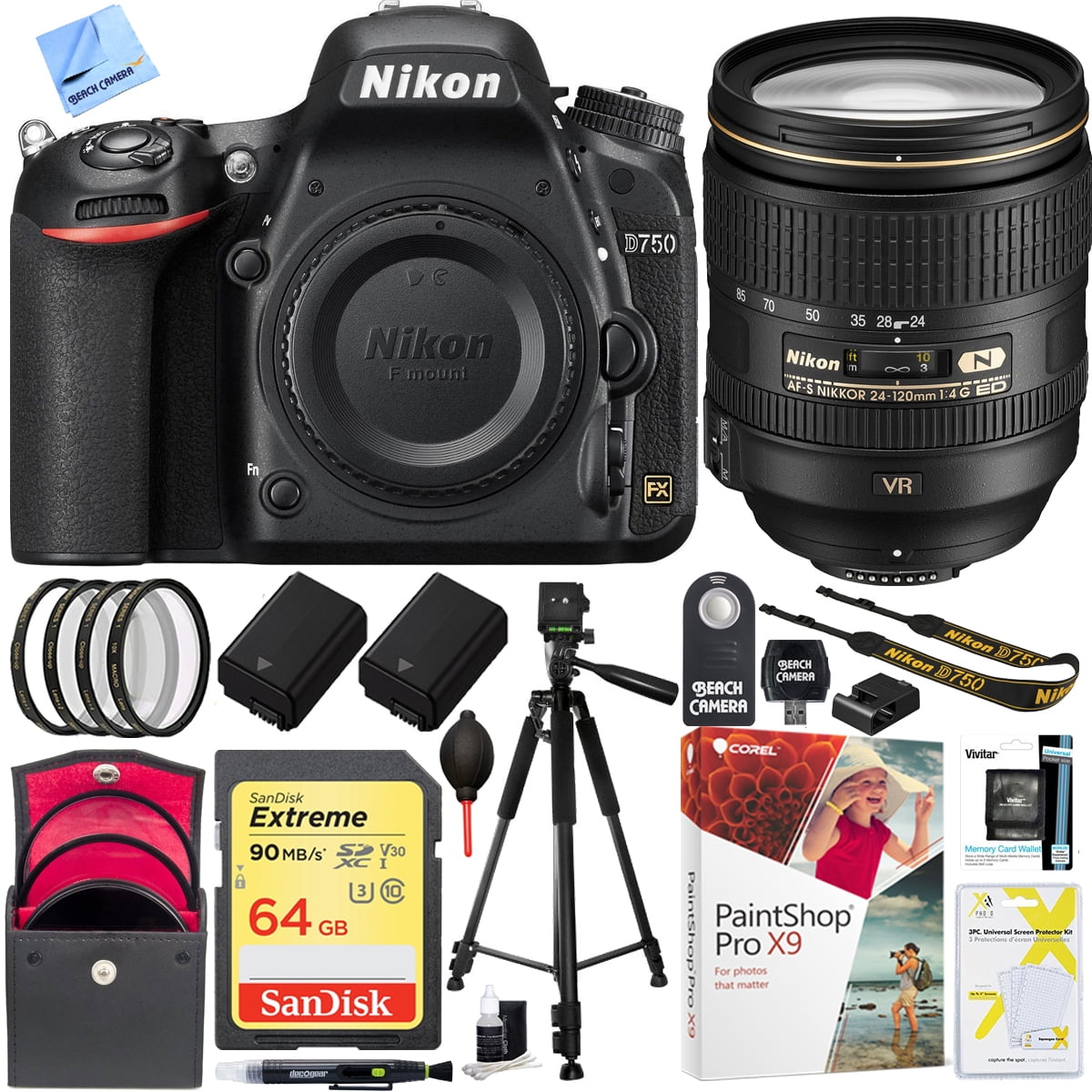 Nikon D750 DSLR 24.3MP Digital Camera w/ AF-S NIKKOR 24-120mm f/4G ED VR  Lens Bundle with 64GB Memory Card, Rechargeable Li-Ion Battery and 