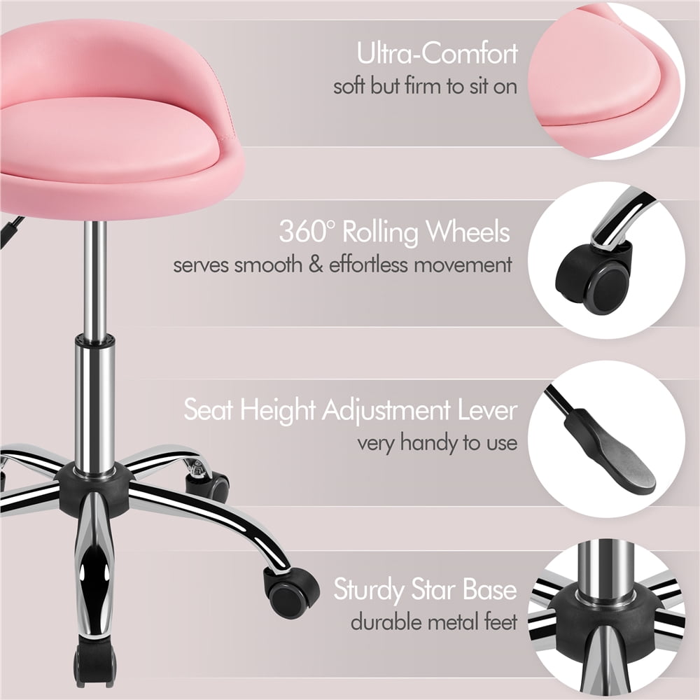 Renwick Adjustable Rolling Salon Stool Swivel Spa Massage Manicure Stool, Pink