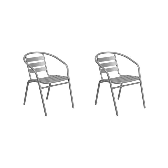 2 PACK Outdoor Patio Stackable Restaurant Arm Chair with Silver Metal Frame and Aluminum Slats