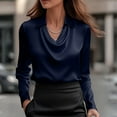 thumbnail image 2 of Women's Satin Cowl Neck Long Sleeve Blouse Elegant Silky Formal Office Top for Work, Business Navy XL, 2 of 6