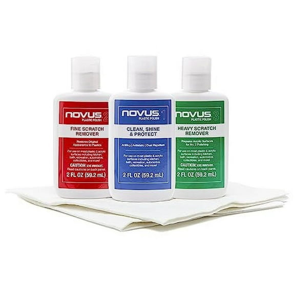 NOVUS-PK1-2 | Plastic Clean & Shine #1, Fine Scratch Remover #2, Heavy Scratch Remover #3 and Polish Mates Pack | 2 Ounce Bottles