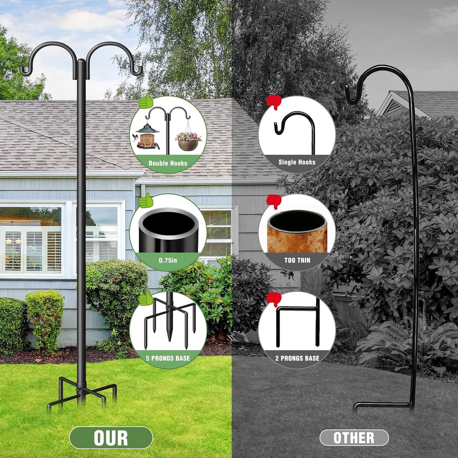 Double Shepherds Hooks for Outdoor, 60" Heavy Duty Bird Feeder Pole with 5-Prong Base - Rust-Proof, Adjustable Bird Feeder Hanger for Garden, Wedding Decor & Hanging Plants