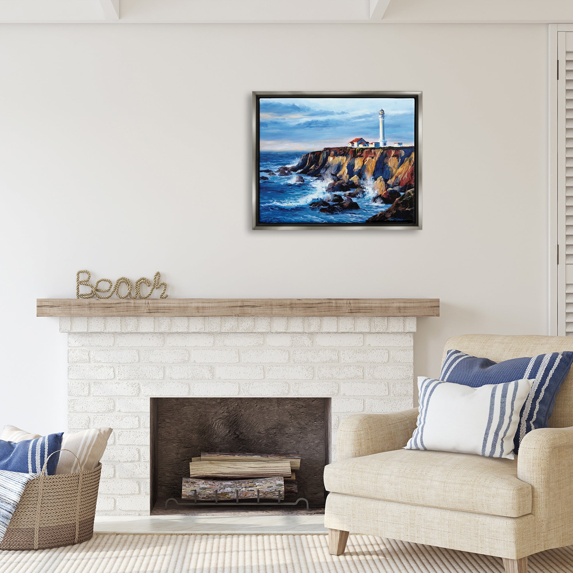 Stupell Industries Lighthouse on Sea Cliff Nature Painting Gray Floater Framed Canvas Art Print Wall Art, 31 x 25