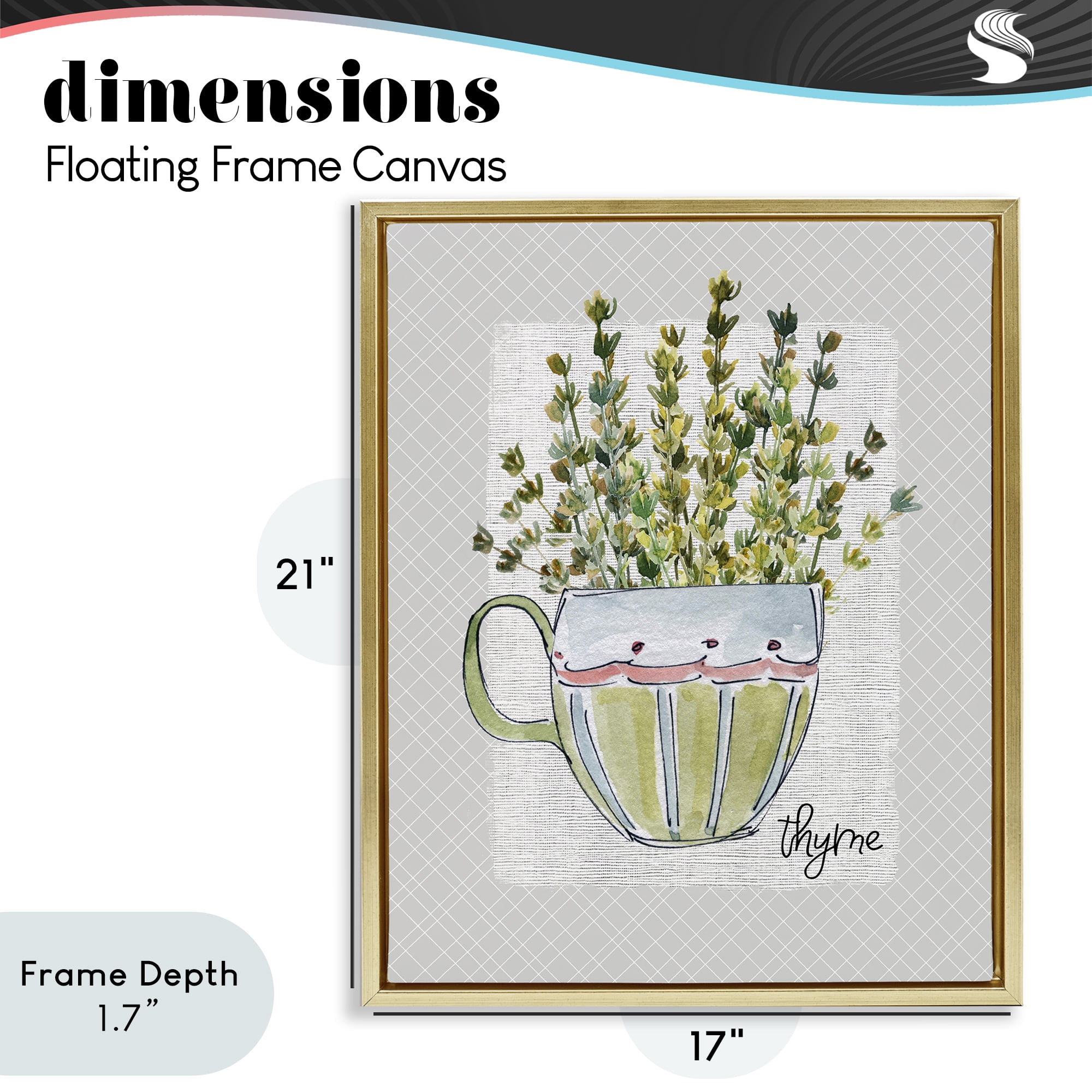 Stupell Industries Thyme Herb Mug Gold Framed Floater Canvas Wall Art, design by Livi Finn