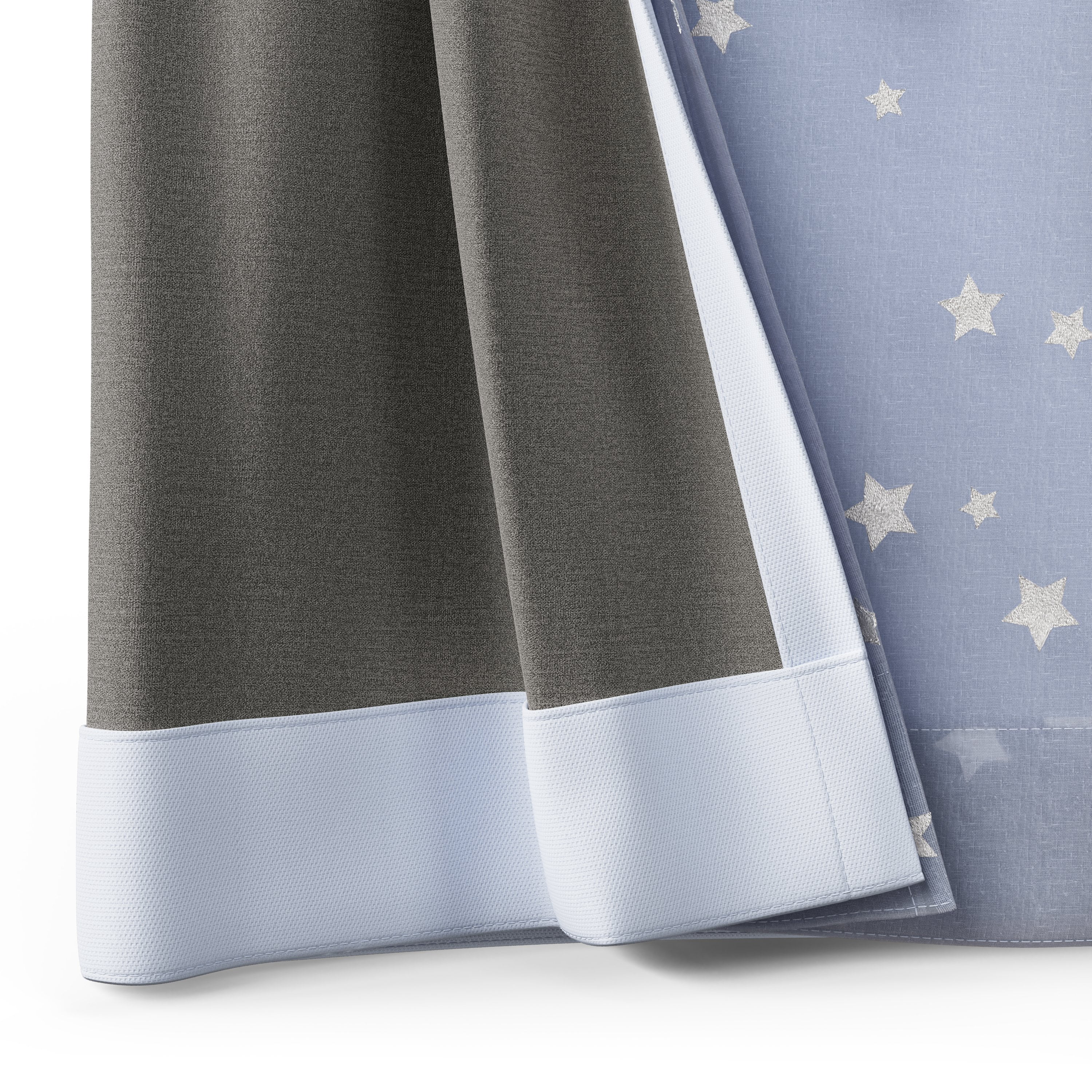 Mainstays Kids Spring Periwinkle and Metallic Silver Stars Sheer Overlay Blackout Rod Pocket with Back Tabs Single Curtain Panel, 38" W x 95" L