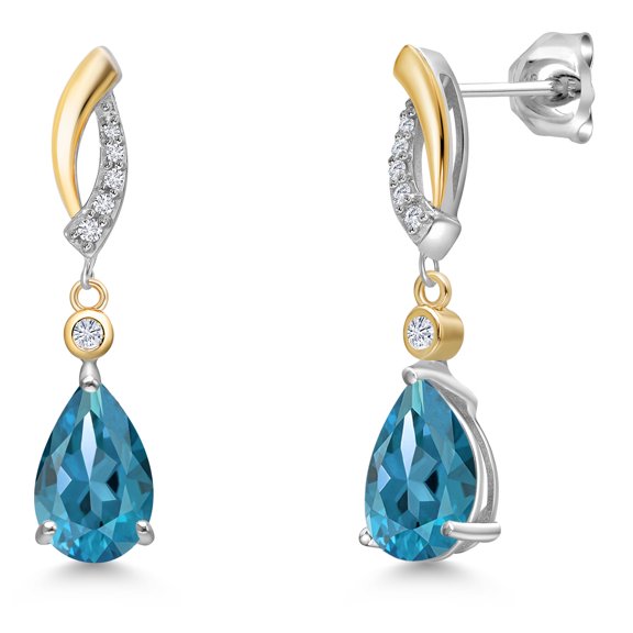 Gem Stone King 925 Silver and 10K Yellow Gold London Blue Topaz and White Moissanite and White Lab Grown Diamond Earrings for Women | 3.33 Cttw | Gemstone November Birthstone | Pear Shape 9X6MM