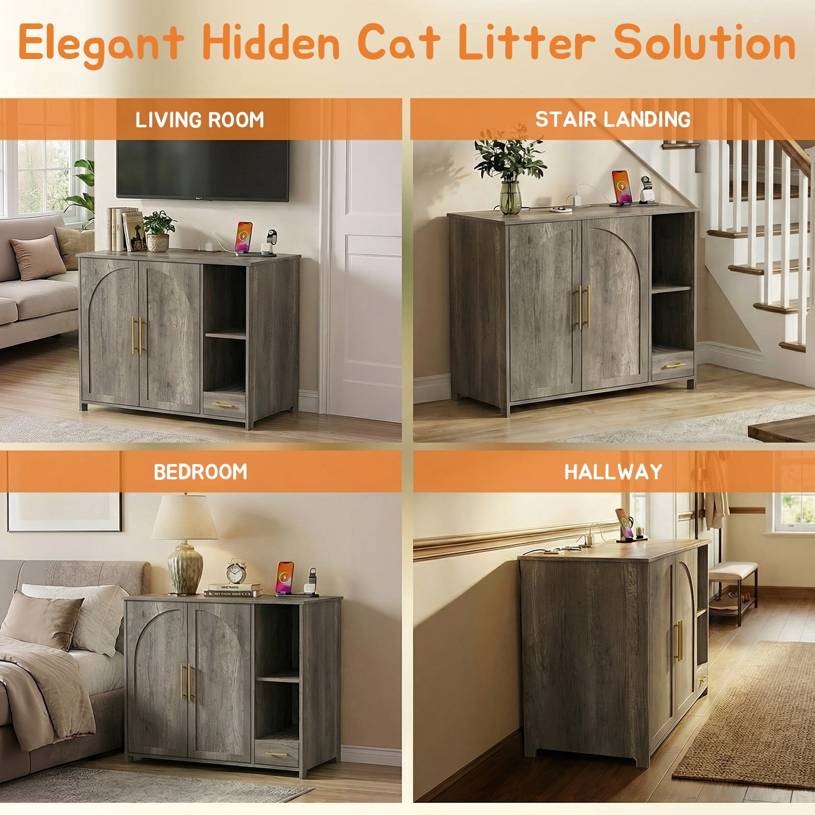 ZephyPaws Hidden Cat Litter Box Enclosure Furniture with Power Strip,Extra Large Interior Compatible with Litter-Robot 3/4 & Self-Cleaning Litter Boxes,Pull-Out Litter Collector,Grey