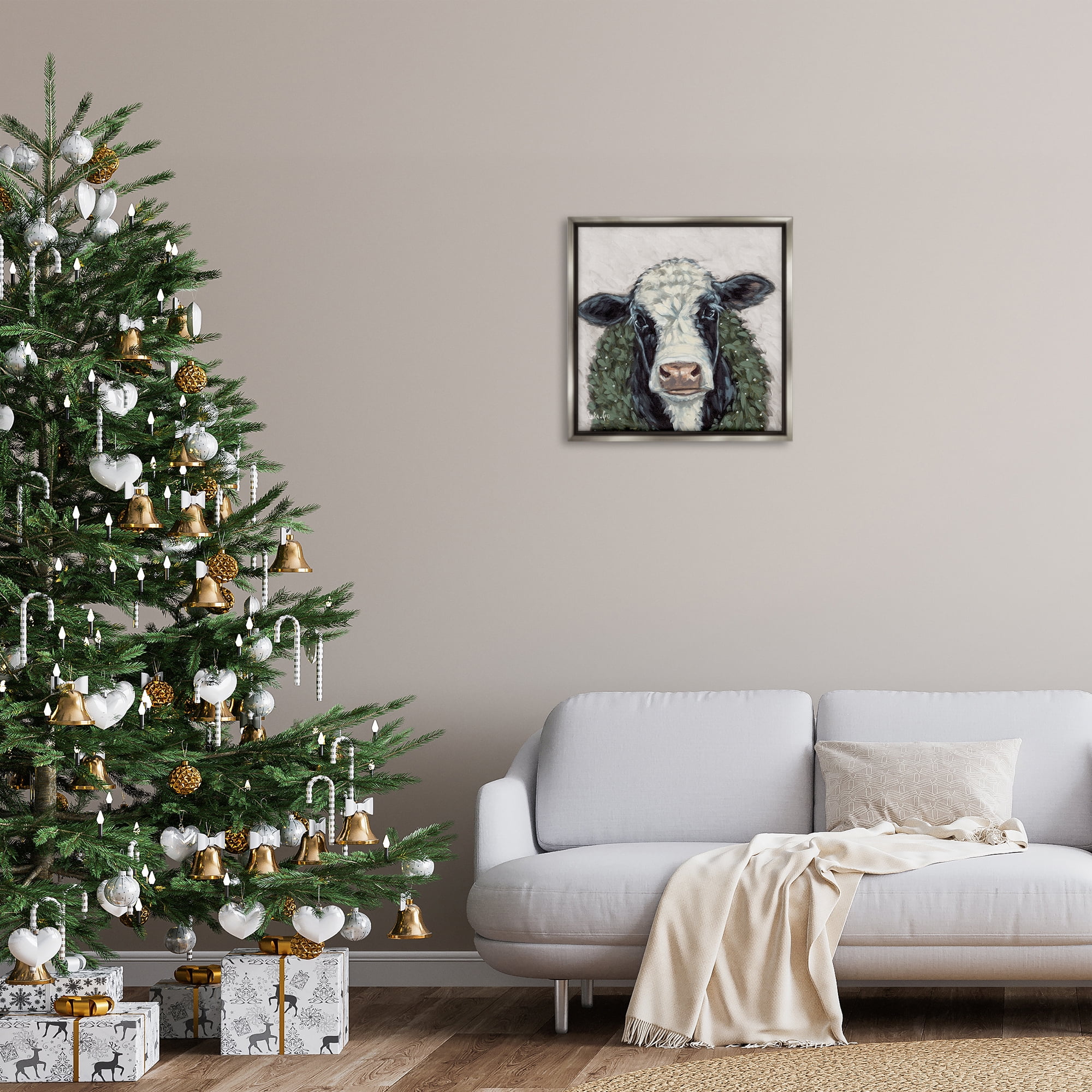 Stupell Industries Spotted Cow with Wreath Holiday Painting Gray Floater Framed Canvas Art Prints Wall Art, 25 x 25
