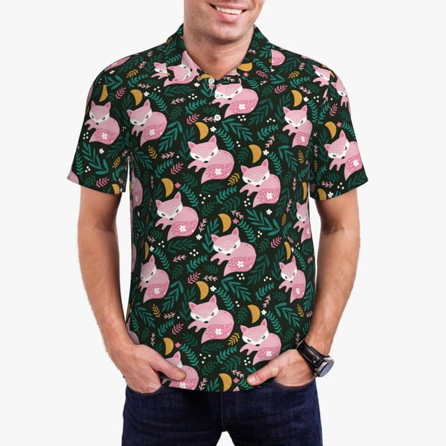 Fotbe Pink Sleeping Fox Camiseta Polo de Golf para Hombre con Estampado – Camisa Deportiva Transpirable con Cuello Abotonado-Large