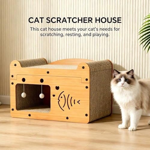 Cat Scratcher House, 2 in 1 Cat Bed and Cave with Hanging Ball Toys, Wooden Scratching Board for Kittens and Adult Cats