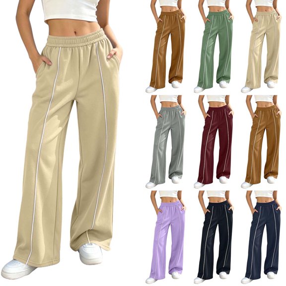 DYTTDG Women's Solid-Color Elastic High-Waist Wide-Leg Sweatpants | Side-Stripe Casual Loose Trousers with Side Pockets for Daily Workout & Street Wear
