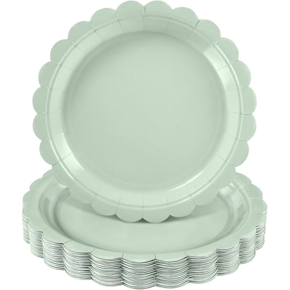 35 Pcs Sage Green Paper Plates 9 Inch Disposable Scalloped Sage Green Plates Cute Dessert Cake Plate Party Dinner Plate for Baby Shower, Wedding, Bridal Shower