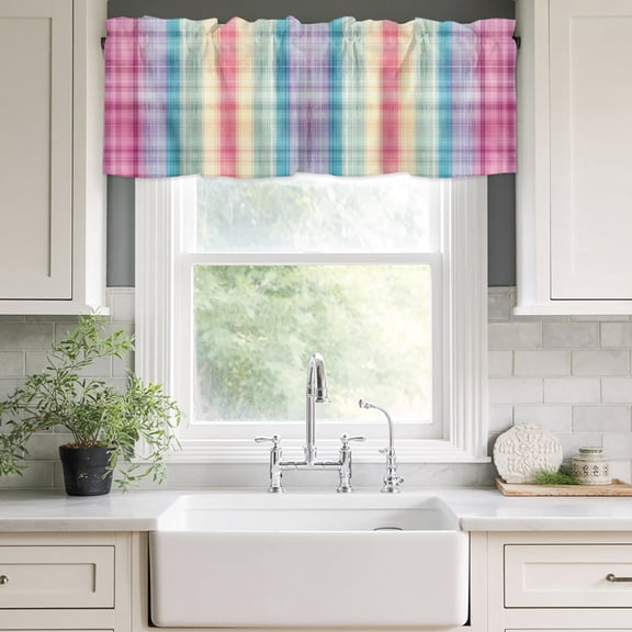 Valances for Windows,Colorful Gradient Check Seamless Kitchen Curtain Valance Short Rod Pocket Panels Traditional Plaid Texture Small Window Treatment for Living Room Bedroom Bathroom,42"Wx12"L