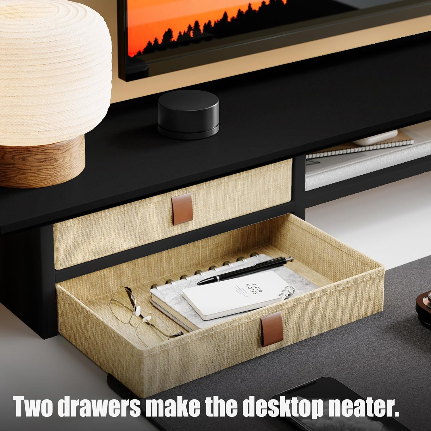 Dual-Tier Monitor Stand Riser with Drawers, Desktop Organizer Shelf Storage for Computer Screen 2 Monitors, Supports for PC Computer Monitor, Printer, Heavy TV Riser Black