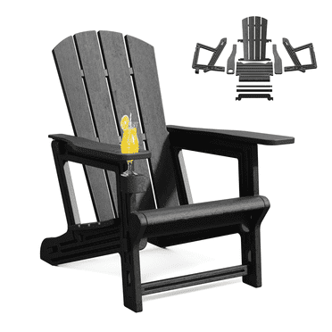 PolarcoForgeco Plastic Folding Adirondack Chair with Cup Holder, HDPE All-Weather Patio Chairs for Poolside, Backyard, Deck, Fire Pit, 400 LBS Capacity, Black