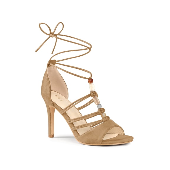 BLISSFUL STEP Lace Up Strappy Pearls Stiletto Heel Sandals for Women Light Brown (Size 7.5)