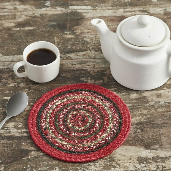 VHC Brands Farmhouse Rustic Christmas Decorations Woven Striped Forrester Jute Trivet 8 inch Round - Set of 3 Pieces, Red Green & White Braided Tabletop Mat
