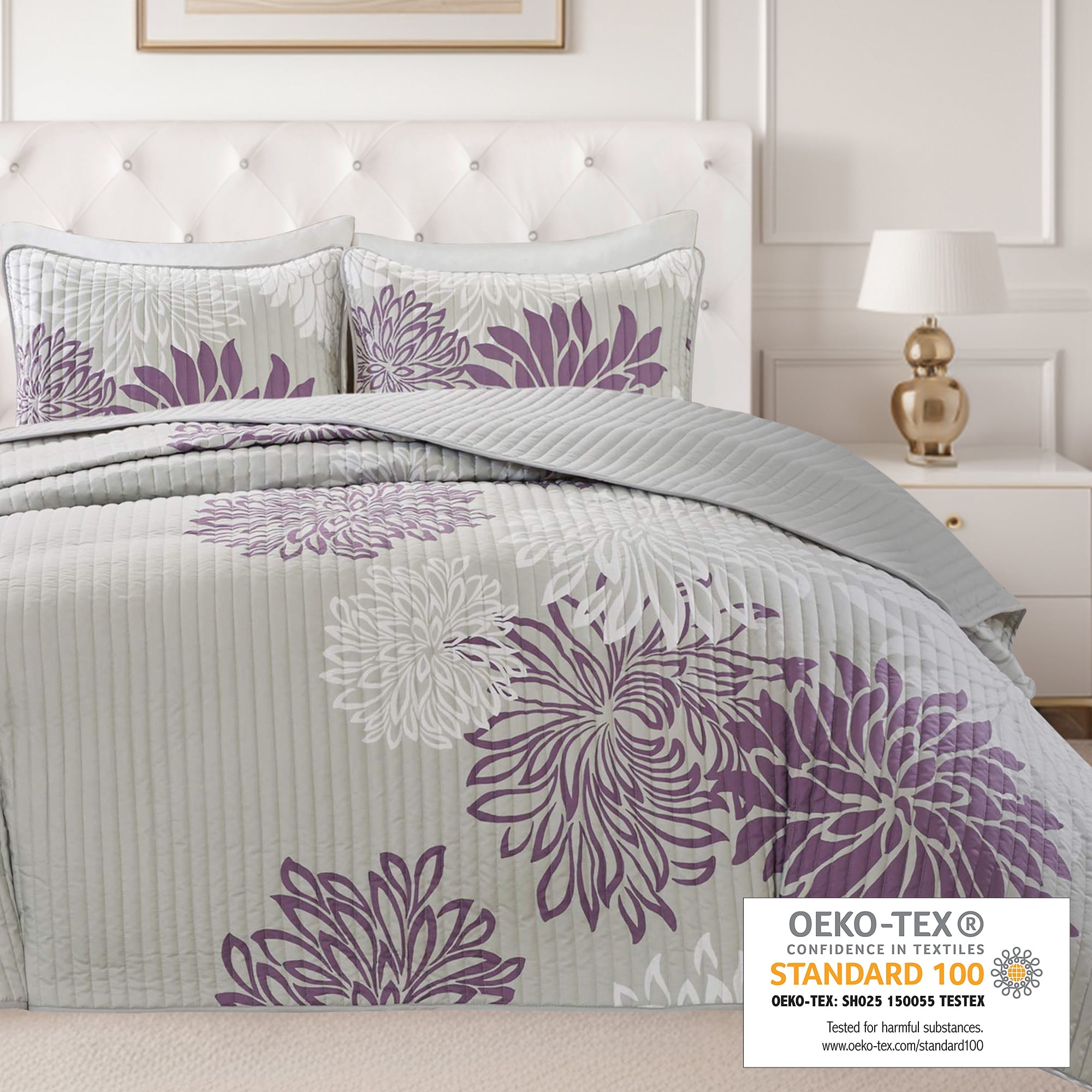 Comfort Spaces Full/Queen Size Quilt Set, 3-Piece Floral Bedspread Bedding Set, Purple and Gray Coverlet Set for All Season, Lightweight Comforter Set