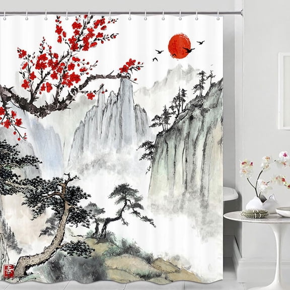 Japanese Shower Curtain for Bathroom,Cherry Blossom Red Sakura Floral Ink Painting Chinese Asian Themed Bathroom Decorations,Black White Red Flower Mountains Aesthetic Waterproof Fabric Bath Curtains