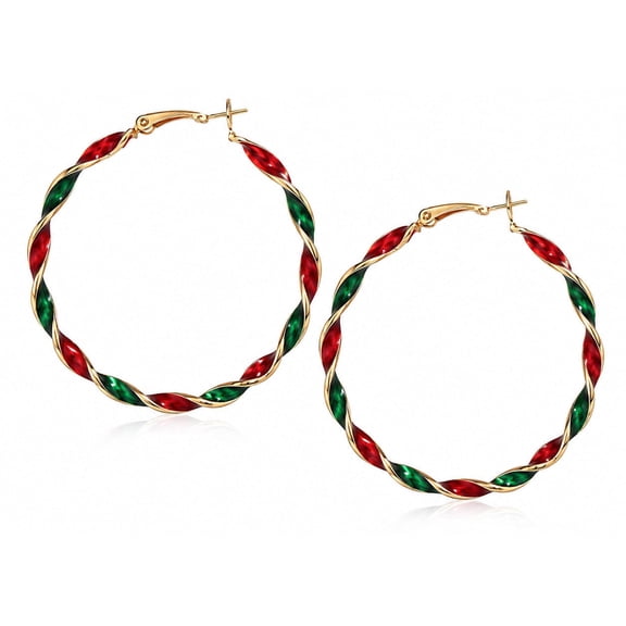 RubyLee Elegance Twist Hoop Red, Green, Gold Christmas Earrings, Stainless Steel, 2 Count per Pack
