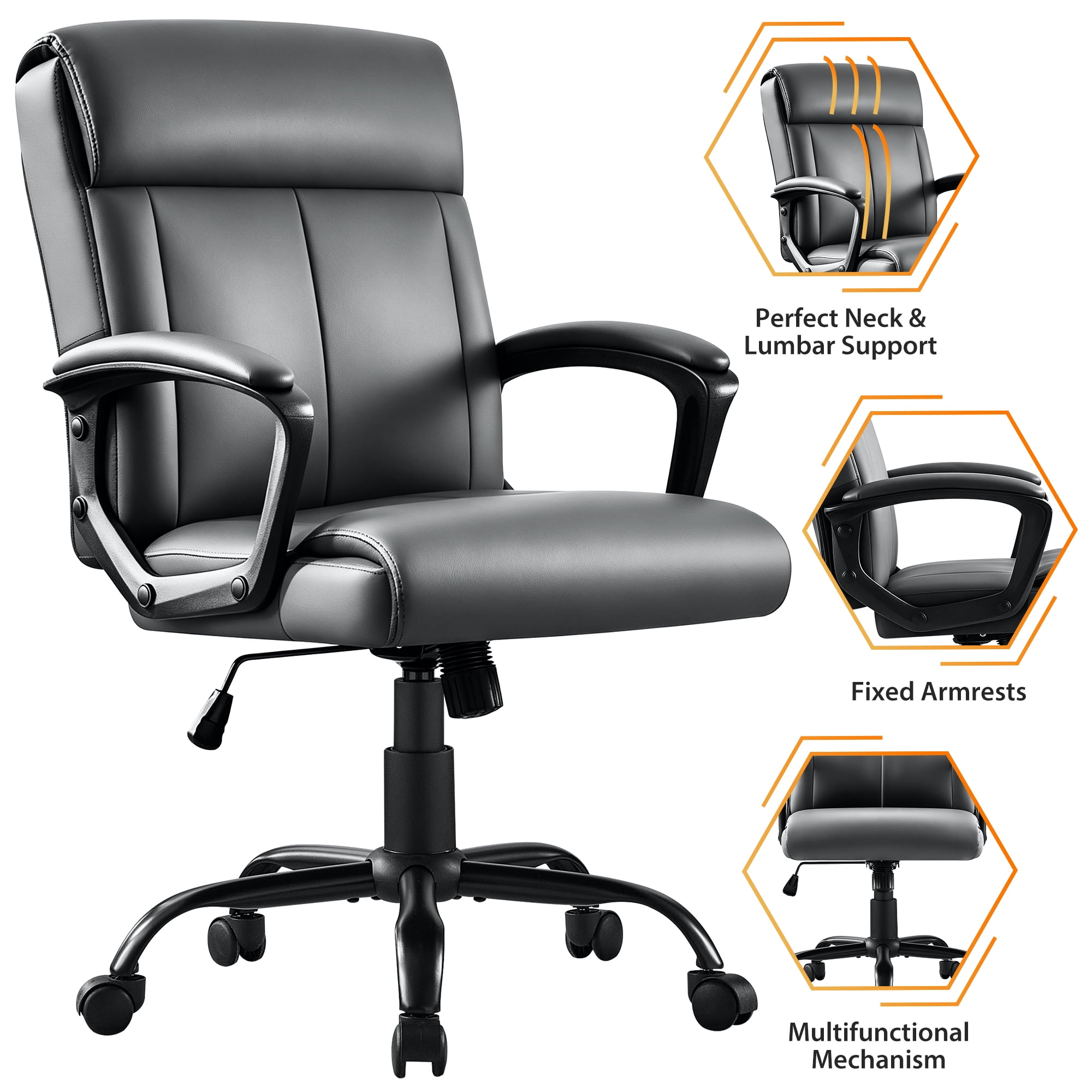 JONPONY Big and Tall Office Chair 300LBS Wide Seat Ergonomic Computer Desk Chair High Back Executive Leather Chair Adjustable Task Chair Lumbar Back Support 8 Hours Heavy Duty Design,Grey