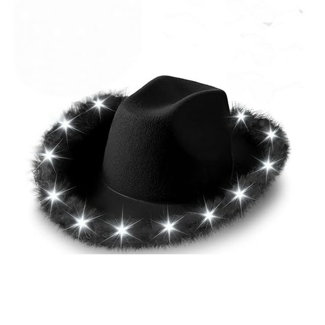 Sombrero de vaquero negro con luces LED y ribete de plumas para adultos