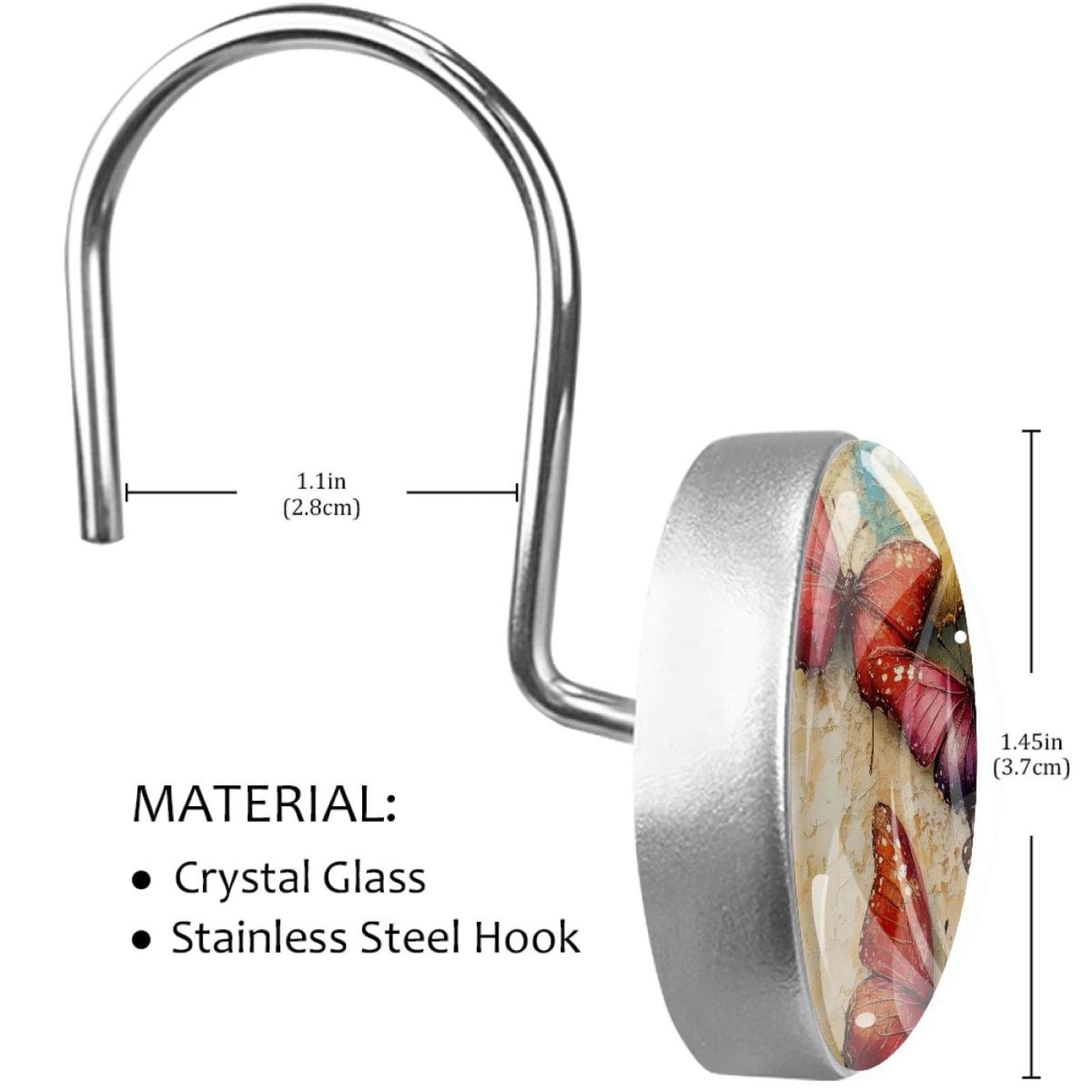 Colorful Butterflies Shower Curtain Hooks Round Crystal Glass, Set of 12 Shower Curtain Rings - Shower Hooks for Curtain Shower Rings