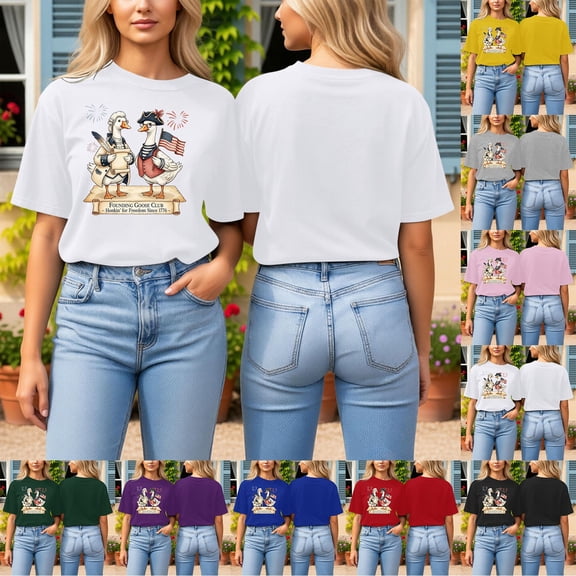 Trendfront Womens Summer Crew Neck Short Sleeve Tops Cute Cartoon Character Graphic Tees Pattern Printed Casual Style Wear T-Shirts