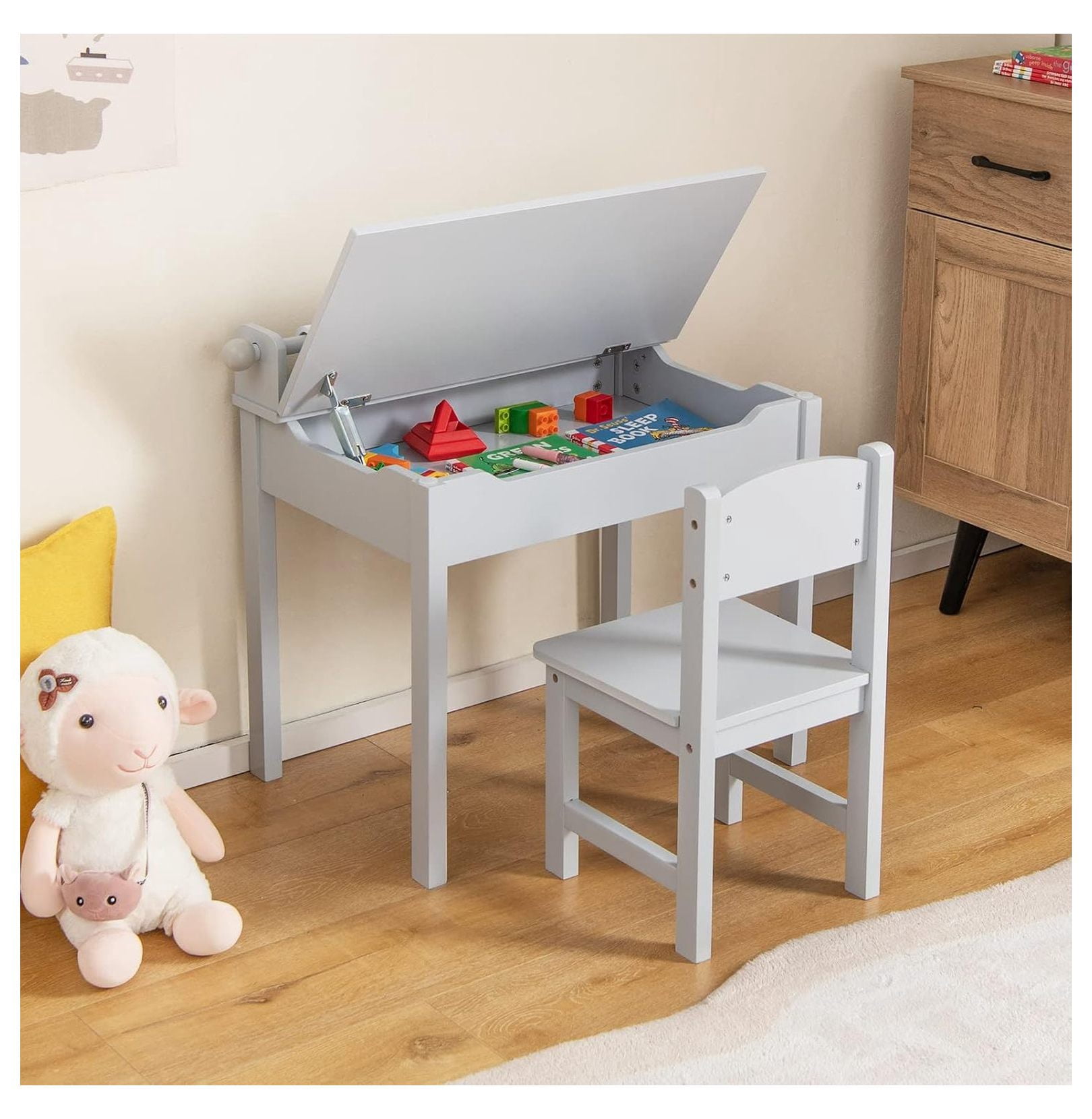 Kids Table and Chair Set, Wooden Lift-Top Desk & Chair with Storage, Paper Roll Holder & Pen Slot, Activity Table Set for Art, Children Furniture Set for Daycare, Playroom (Gray)