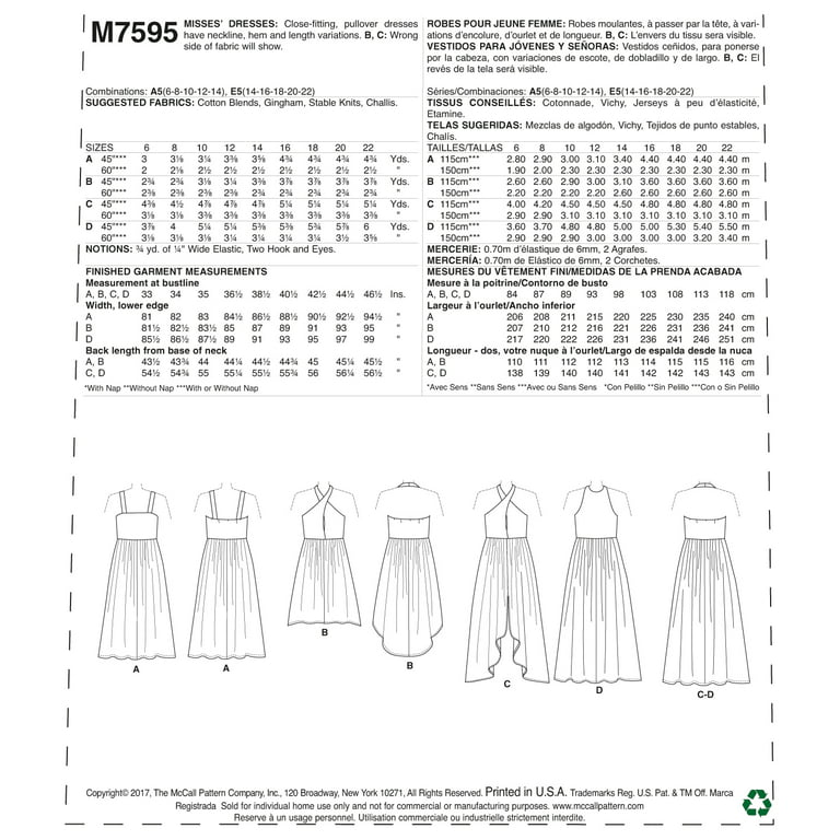 McCall's Sewing Pattern Misses' Gathered-Waist Pullover Dresses with Bodice  Variatio-14-16-18-20-22 
