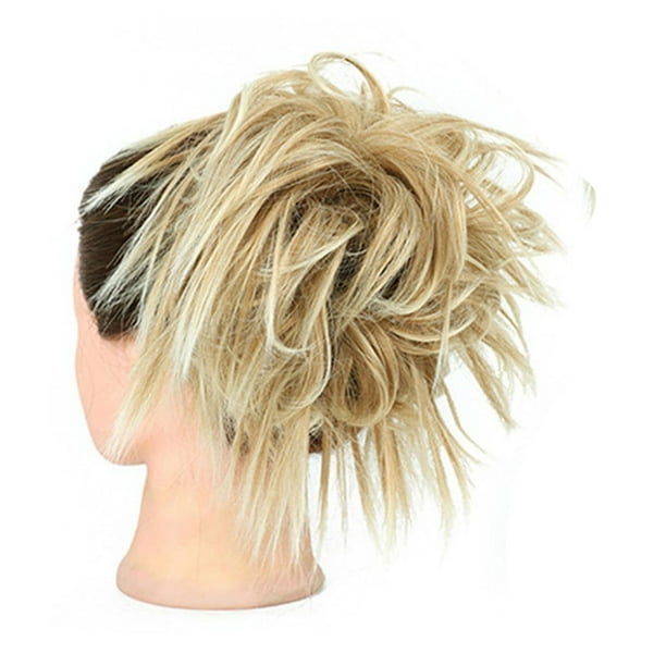 Rubio y marrón, seda sintética resistente a altas temperaturas, banda elástica para el pelo desordenado, peluca con moño, fibra natural