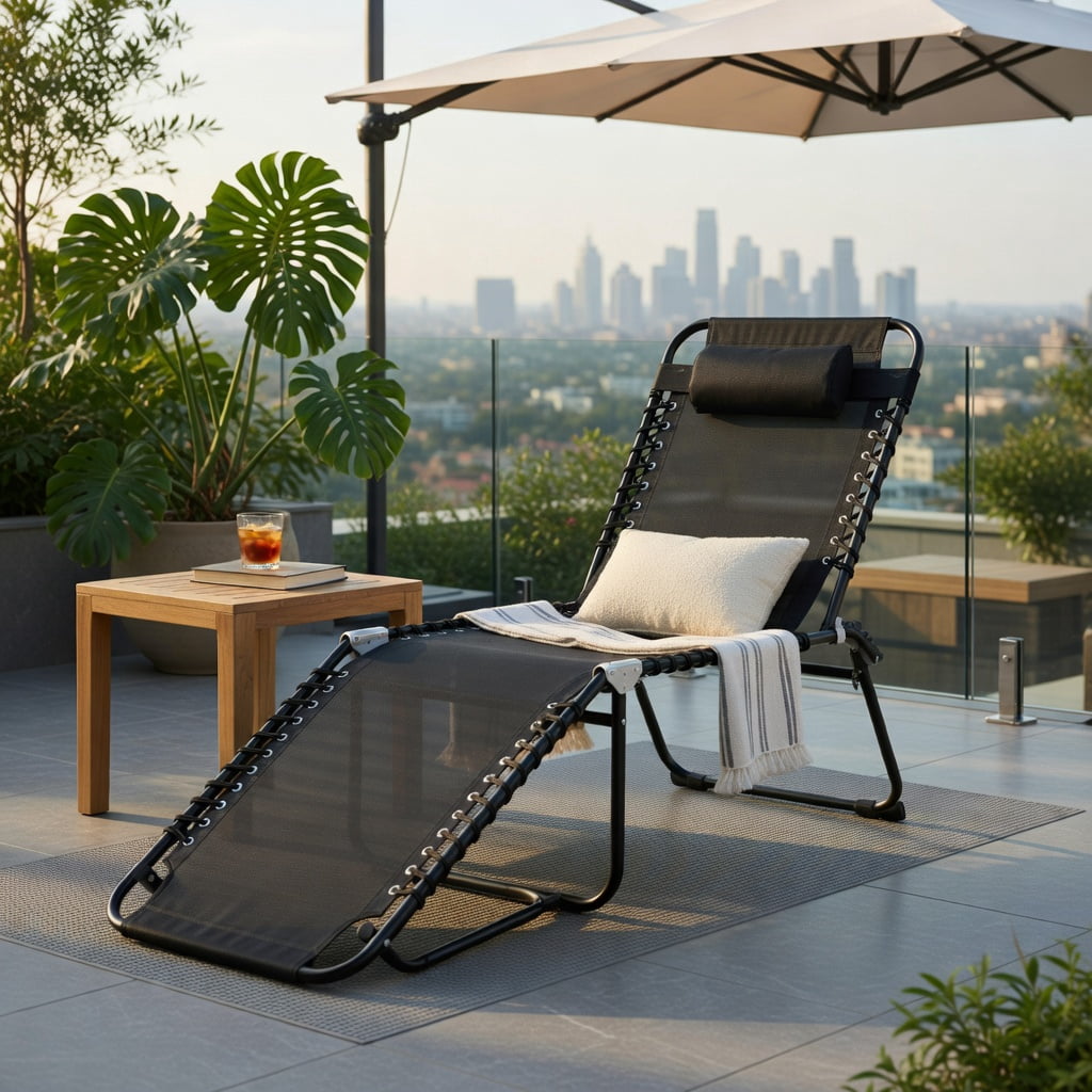 Hommoo Foldable Steel Beach Lounge Chair with Adjustable Backrest & Comfort Pillow, Heavy-Duty Outdoor Chaise for Patio, Lawn, Poolside, Black