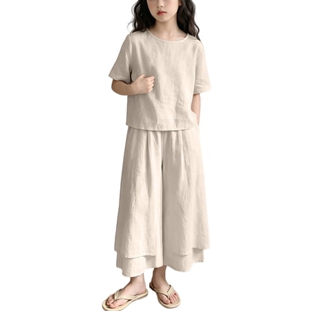 Coerni Girls 2 Piece Sets Crewneck Short Sleeve Tunic Shirts & Tiered Hem Wide Leg Pants Summer Baggy Flowy Clothes Beach Vacation