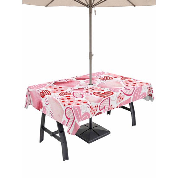 Outdoor Tablecloth with Umbrella Hole and Zipper, Valentine's Day Rectangle Table Cloth 54x80 Inch Waterproof Tablecloth, Loves Polka Dot Romantic Watercolor Picnic Table Cover for Patio Camping