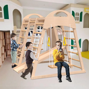 Indoor Playground 7-in-1 Jungle Gym Playset for Kids 2-6yrs - Slide, Climbing Wall, Rope Wall Climber, Monkey Bars, Swing - Waldorf and Montessori Style Wooden Climb Set.