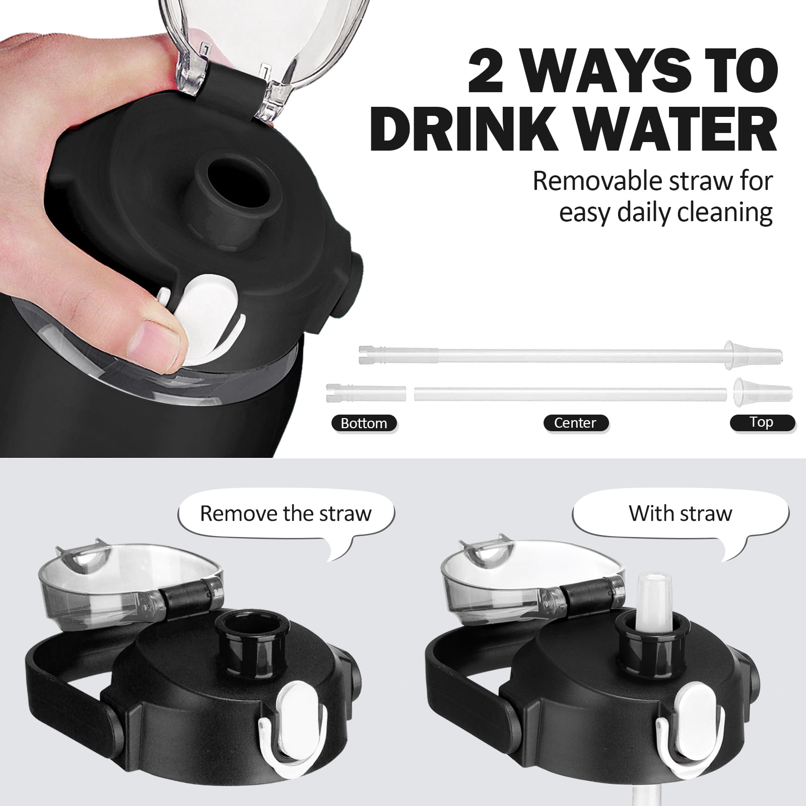MUKOKO 64oz Glass Water Bottles, Water Jug with Silicone Sleeve, Half Gallon Glass with Straw and Time Marker, Black