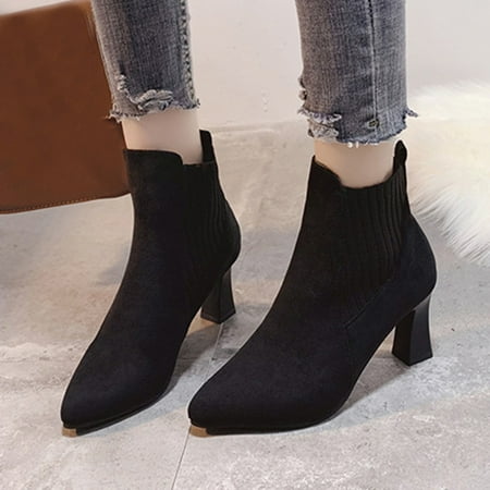 

KEUSN Women Ankle Boots Autumn and Winter Fashion Pointed Toe Solid Color Knitted Stitching Comfortable Square Heel