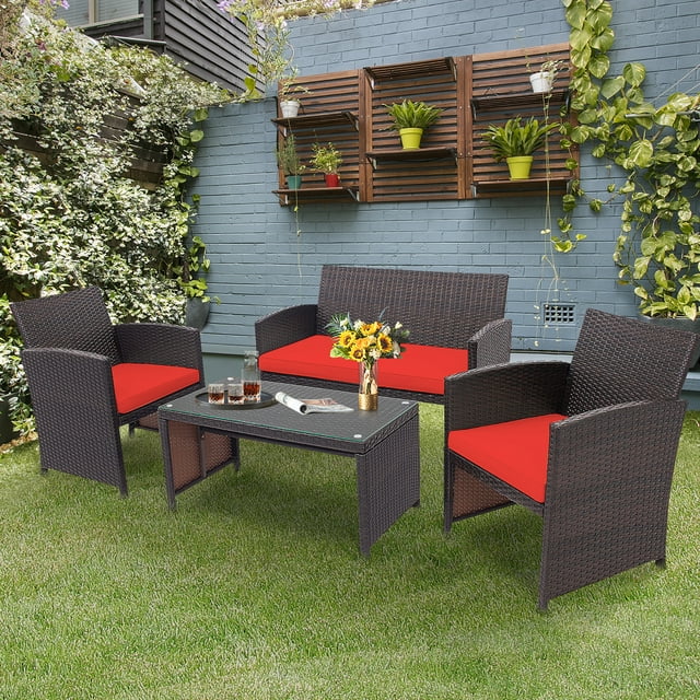 Costway Ensemble de Mobilier de Patio en Rotin 4 Pcs Chaise Coussinée Sofa Table Basse Rouge
