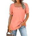 thumbnail image 1 of Mujer Cuello Cuadrado Manga Corta Top Fruncido Patrón Liso Suelto Suave Transpirable Verano Camiseta Rosa XXL, 1 of 6