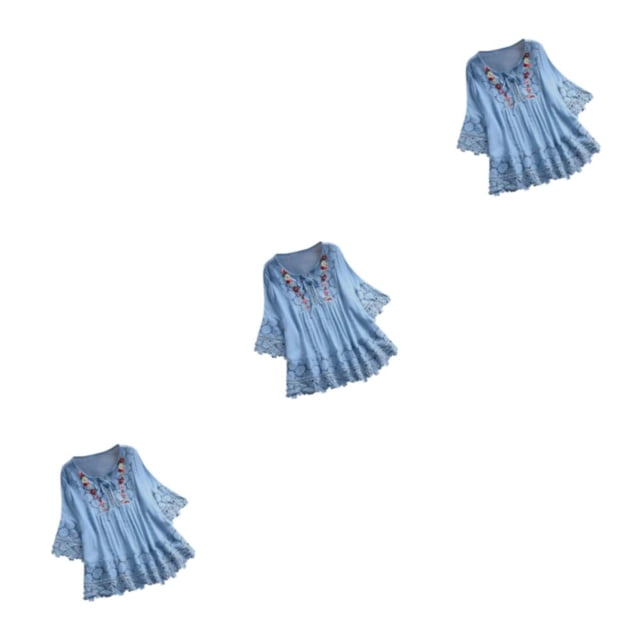 Camisa de moda Qarigey para mujer Blusa vintage cuello en V Lazo azul XXL