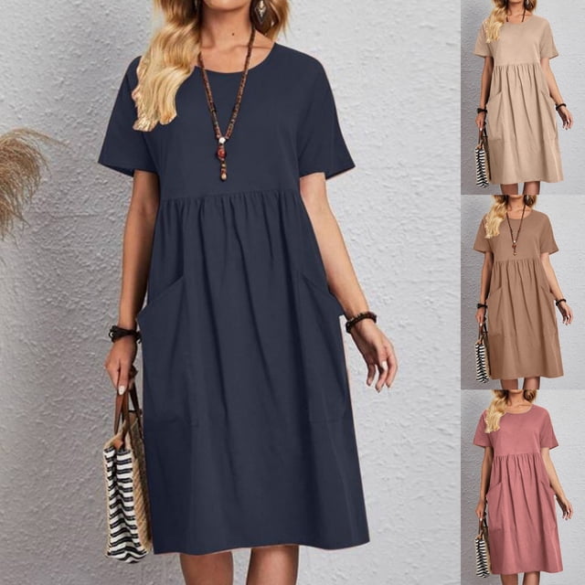 Gspmoly Robe pour Femmes, Robe d'Été Décontractée pour Femmes à Col Rond, Manches Courtes, Taille Haute, Robe de Cocktail, Cadeaux de Vacances