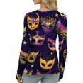 thumbnail image 5 of Mardi Gras Shirts Womens Glitter Mask Print Crew Neck Blouse Carnival Long Sleeve Party Tunic Tops Dark Purple S, 5 of 5
