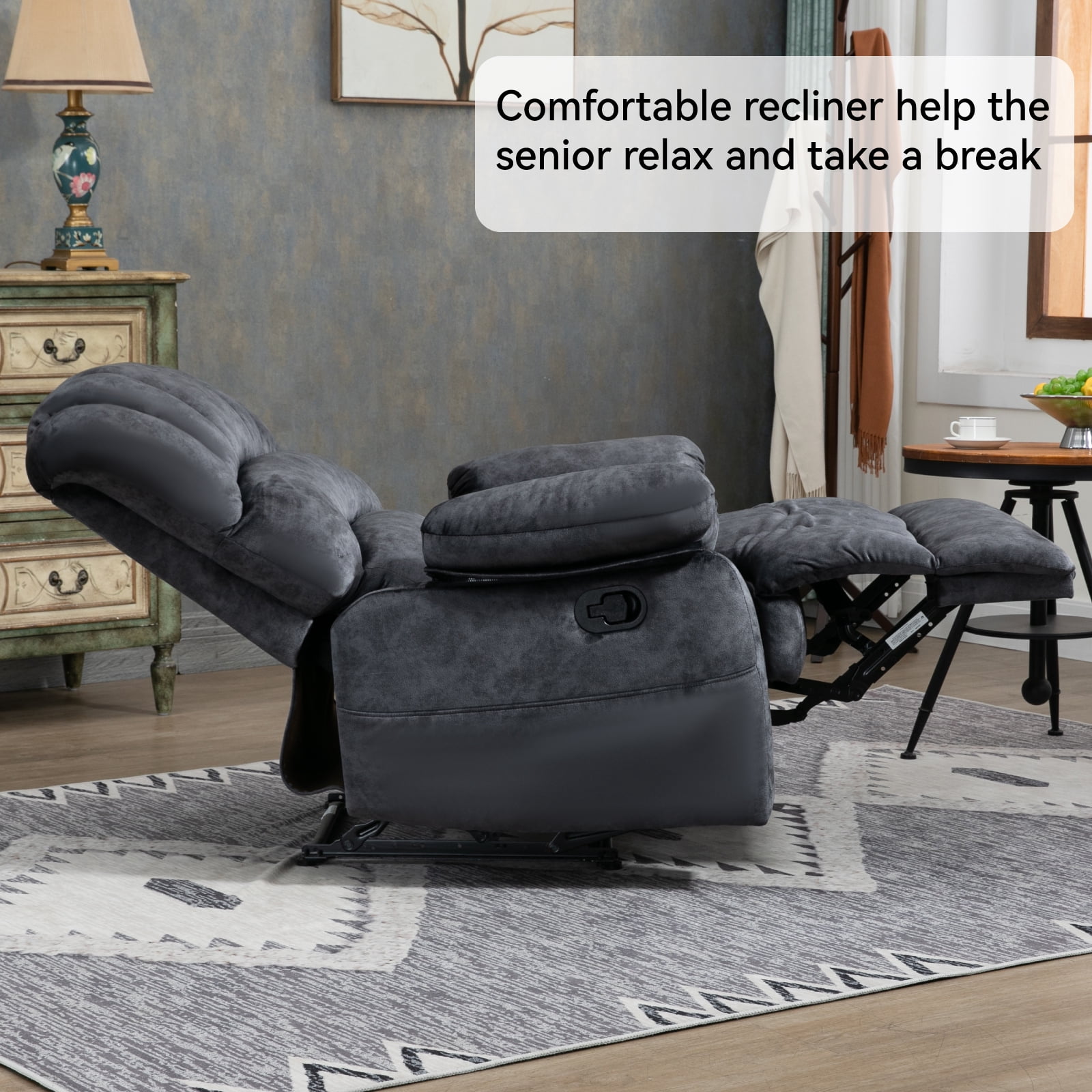 Trustyue  Manual Recliner Chair with Footrest, 40" Wide Push Back Recliner Chair with Three Position and Two Side Pockets, Velvet, Black