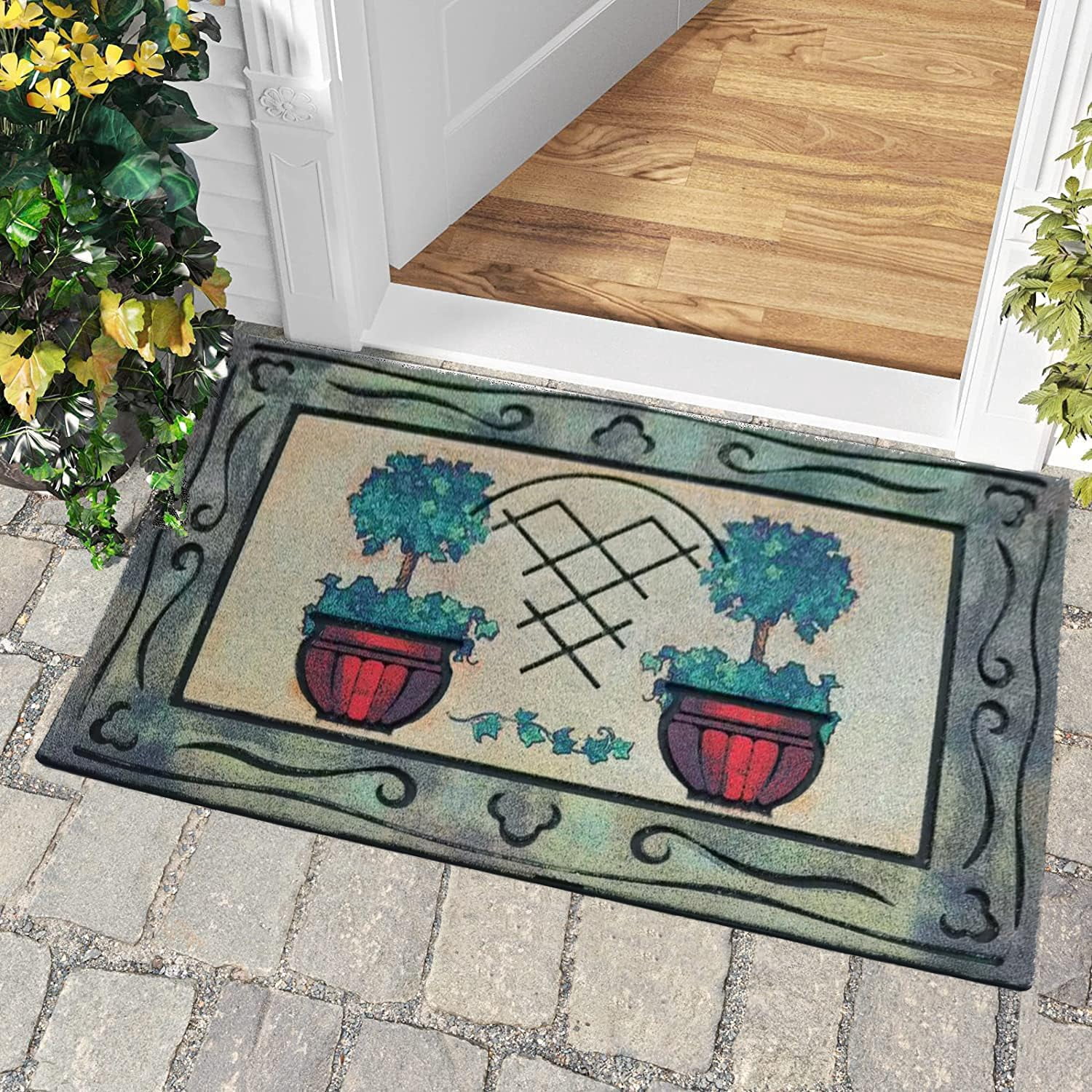 Door Mat, Welcome Mat 18x 30 Inch Front Door Mat Outdoors for Home Entrance Outdoors Mat for Outside Entry Way Doormat Entry Rugs, Heavy Duty Non Slip Rubber Back Low Profile, Pot Plant