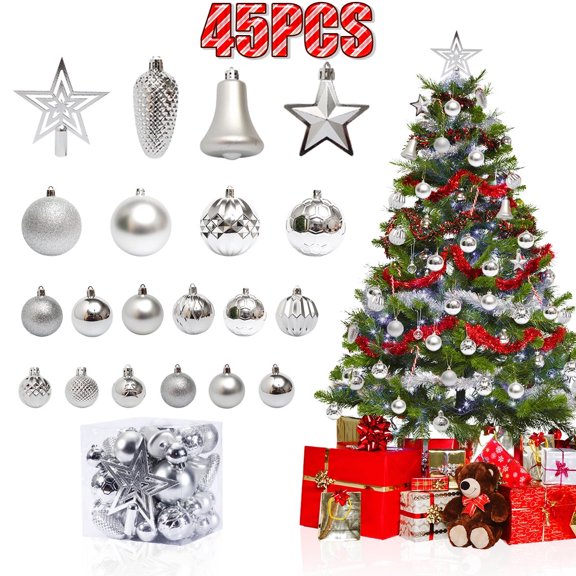 Christmas Ball Ornaments for Tree Decoration Christmas Tree Topper for Xmas Tree Holiday Wedding Party Decor 45Pcs