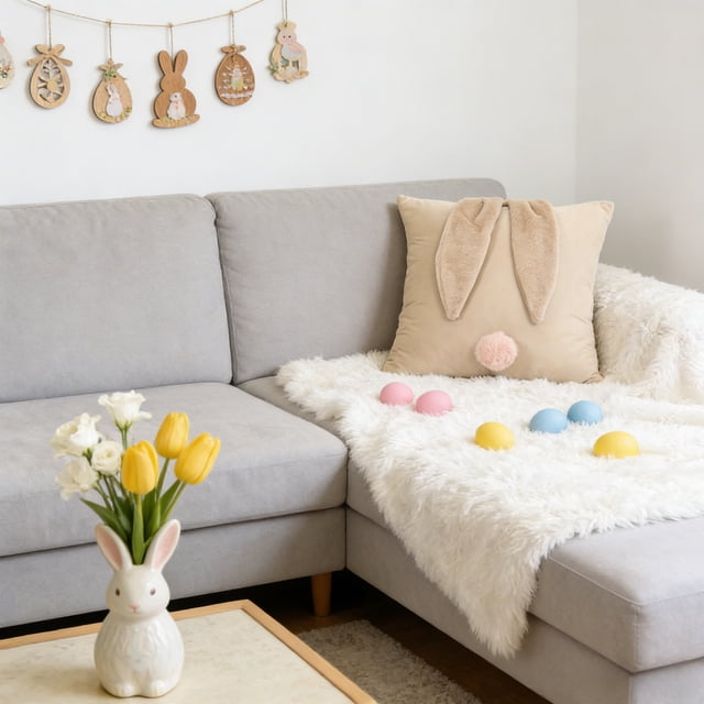 Funda de almohada con diseño de conejo de Pascua | Funda de cojín para sofá y dormitorio de 45 x 45 cm | Funda de almohada decorativa pequeña, fresca y en blanco y caqui para primavera