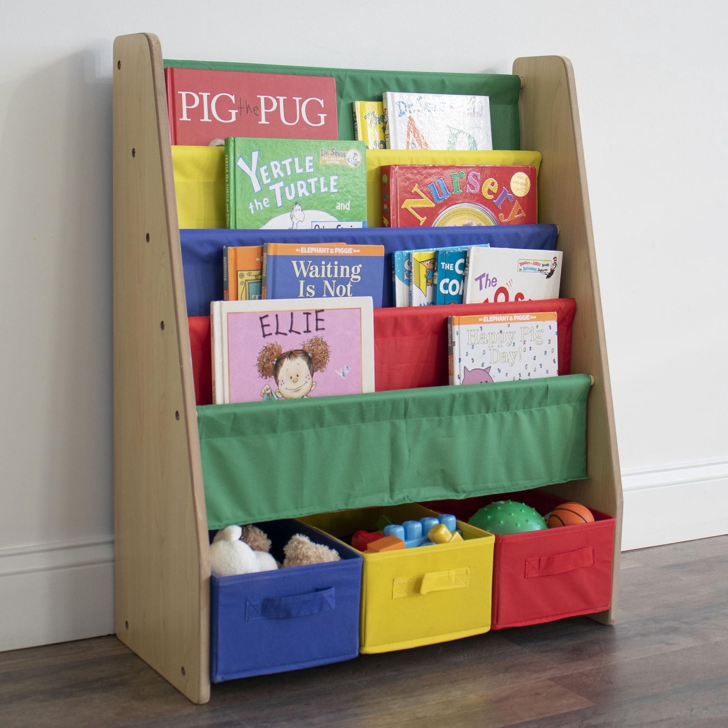 Humble Crew Kids Bookshelf 4 Tier Book Storage and Fabric Bin Organizer, Natural/Primary