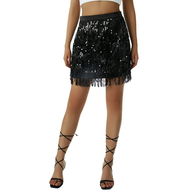 Gupgi Women Sequins Fringe Skirt, Glitters Tassel Mini Skirt for Dance Rave Party